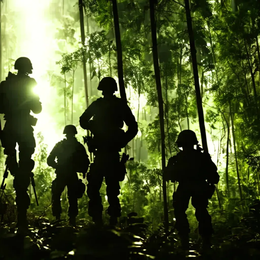 Prompt: landscape portrait of a dark thick jungle, silhouettes of soldiers moving, closeup, cinematic lighting, misty, dewy, moonlight effect, 8K, intricate, highly detailed foliage, vivid color, contrast