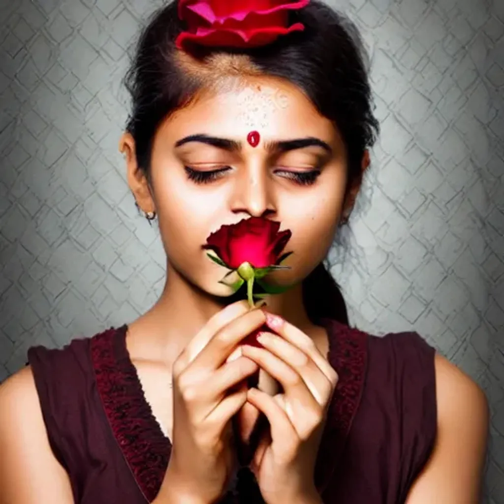 Prompt: Advertisement photoshoot. A beautiful Indian girl is posing with a beautiful red rose flower with stalk. Girl smelling the flower. Condensation formed on the flower. Photorealistic hyperrealistic close up high speed render. Beautiful smooth contrast, soft color palette, smooth curves, dark background, beautiful highly detailed droplets, reflections and refractions, dark studio backdrop, Beautiful studio lighting, Nikon Z7, ISO 400, Sigma 85mm f4.5 DG DN, aperture f/11, exposure 1/2000, studio lights, centered. 
