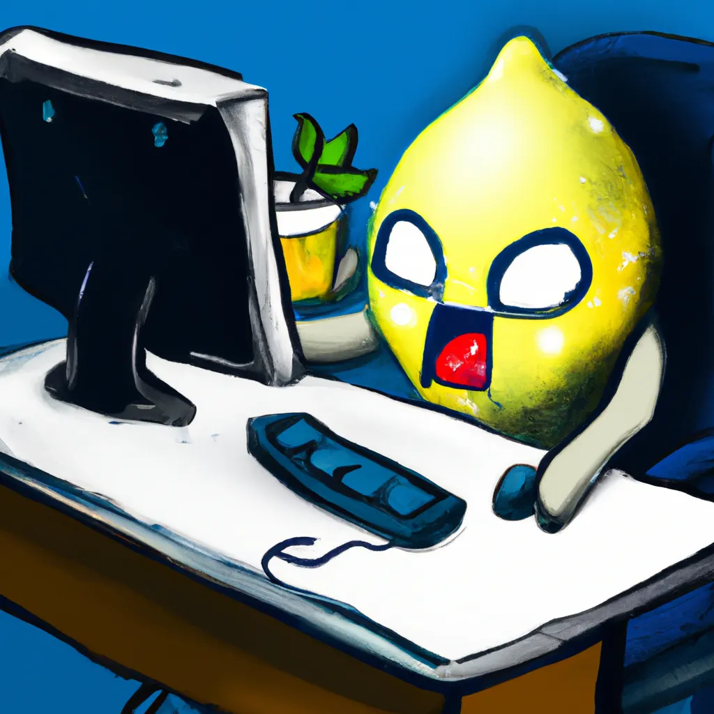 Prompt: A digital drawing of a lemon playing games on a desktop computer, digital art, cartoonish