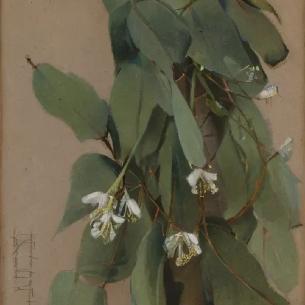 Prompt: An oil painting of eucalyptus blossoms. By [Henry Turner|Ethel Carrick fox]