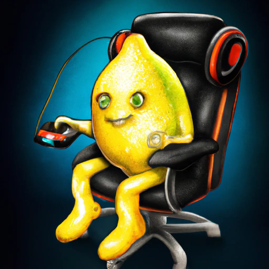 Prompt: a humanoid lemon, streaming a YouTube channel, sitting in a gamer chair, realistic style