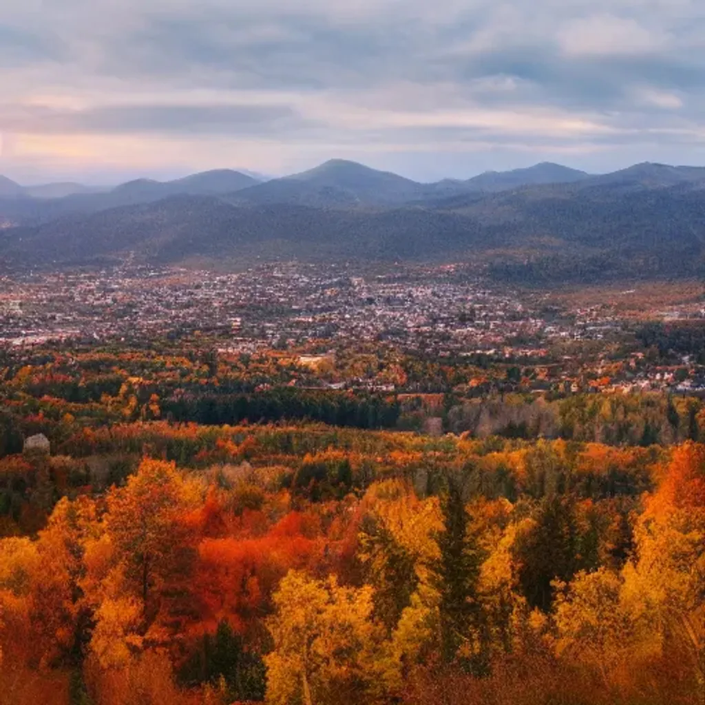 Prompt: mountains and cities covered in trees with autumn colors, soft light, at night with city and ocean in the distance