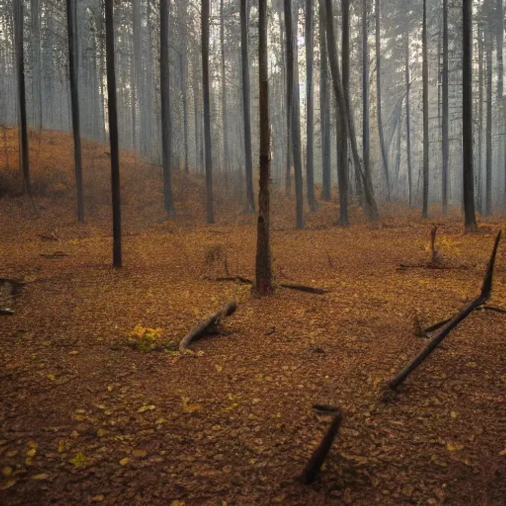 Prompt: dead trees in autumn forest at night, liminal space