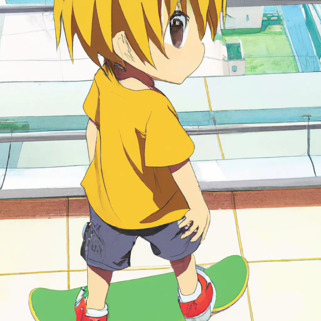 anime key visual of a little boy riding a skateboard