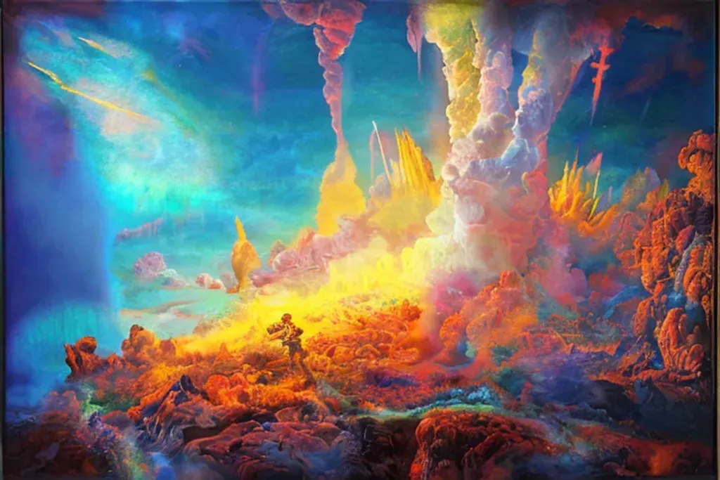 Prompt: nuclear fallout. human despair. painting by Kim Keever and Victor Moscoso, vivid colors. impasto relief. multi layered thick brush marks