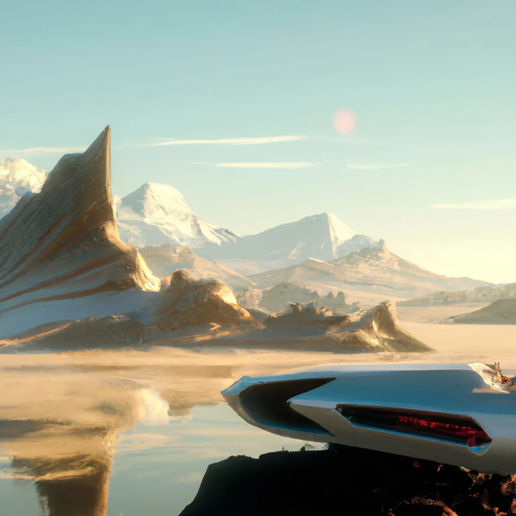 Prompt: A man flying a white futuristic spaceship in a wide dessert with a far away nordic mountain that has a waterfall and snow cap on the background at sunrise in real life |750 8k unreal engine