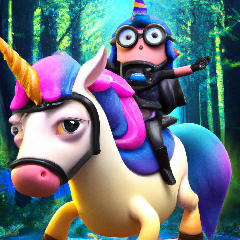 Prompt: Cute 4d Portrait of a Cute Minion Ninja, riding a unicorn at the forest, by Pixar and DreamWorks 