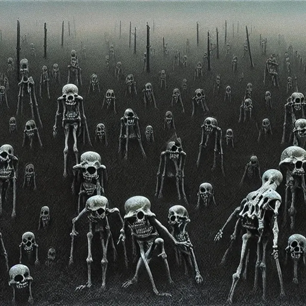 Graveyard with many skeletons, art by Zdzisław Beksi... | OpenArt