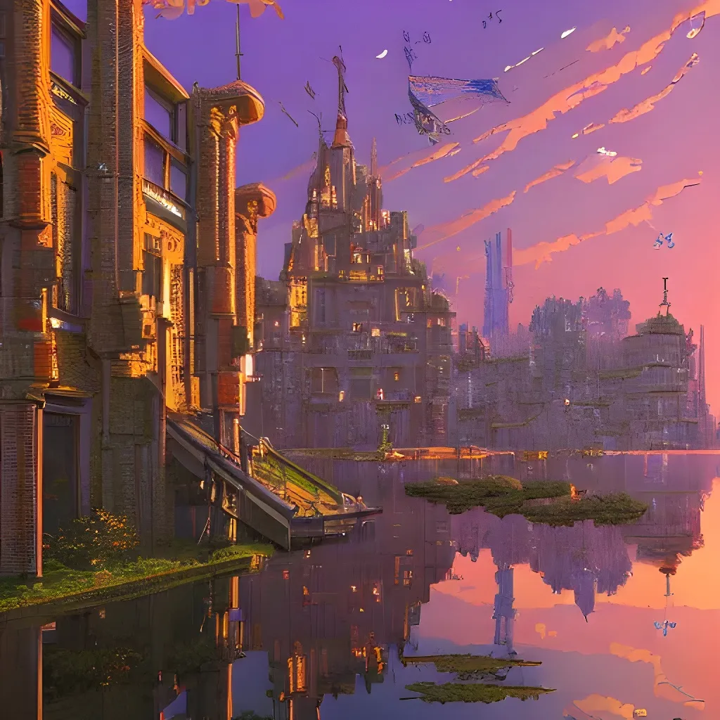 view of a cyberpunk castle above an azure lake, beau... | OpenArt