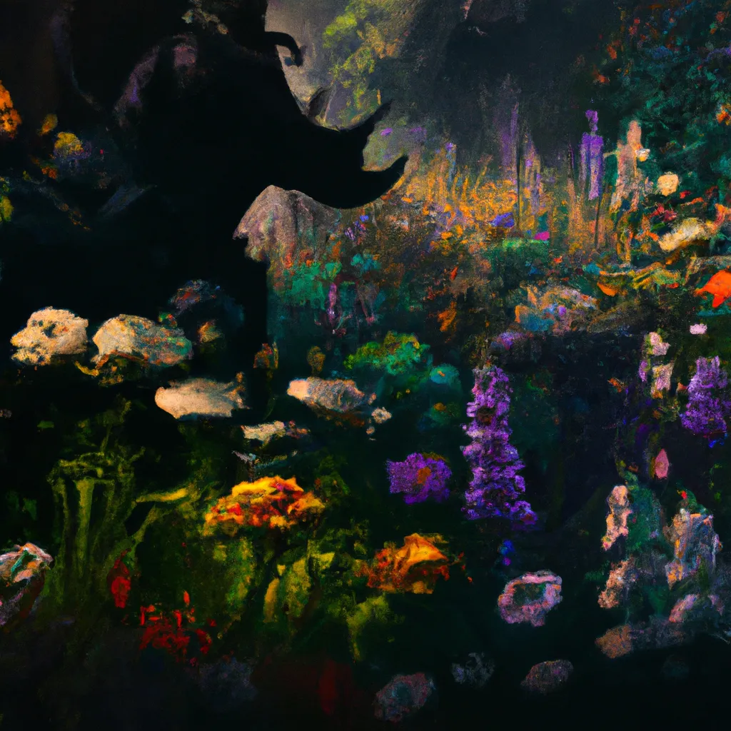 Prompt: dark fantasy mutated flower garden, dark anime artwork, colored by Lovecraft, and detailed with shadows and lighting in the style of Rembrandt and Joaquín Sorolla, on canvas with dark colors