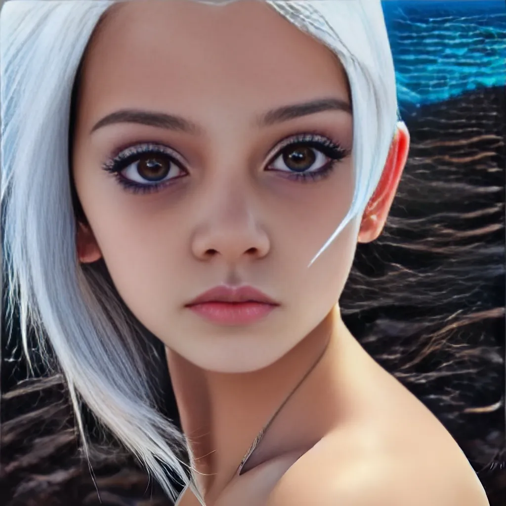Prompt: Portrait of highly detailed cute adorable teenager young eyeliner makeup girl looking at the camera with white hair and with cute face, beach, sea, ocean, coast, sand, perfect composition, hyperrealistic, super detailed, 8k, high quality, trending art, trending on artstation, sharp focus, studio photo, intricate details, highly detailed, by greg rutkowski