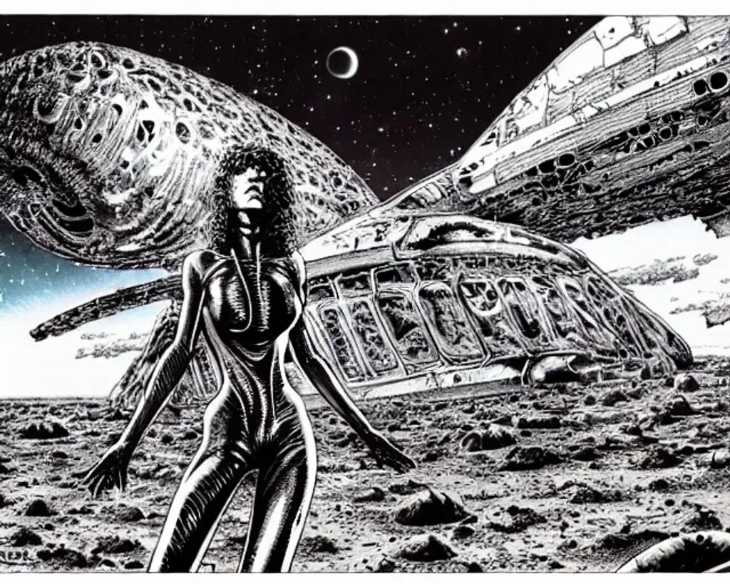 Prompt: Woman with dark curly long hair wearing tight alien battlesuit standing in alien dessert next to destroyed alien craft, by Makoto Kobayashi, by Moebius, by Jean Giraud, manga, anime style, 80's, Intricate, Hand drawn, concept art, grainy color, dim lighting, Anime Key Visual, beautiful composition