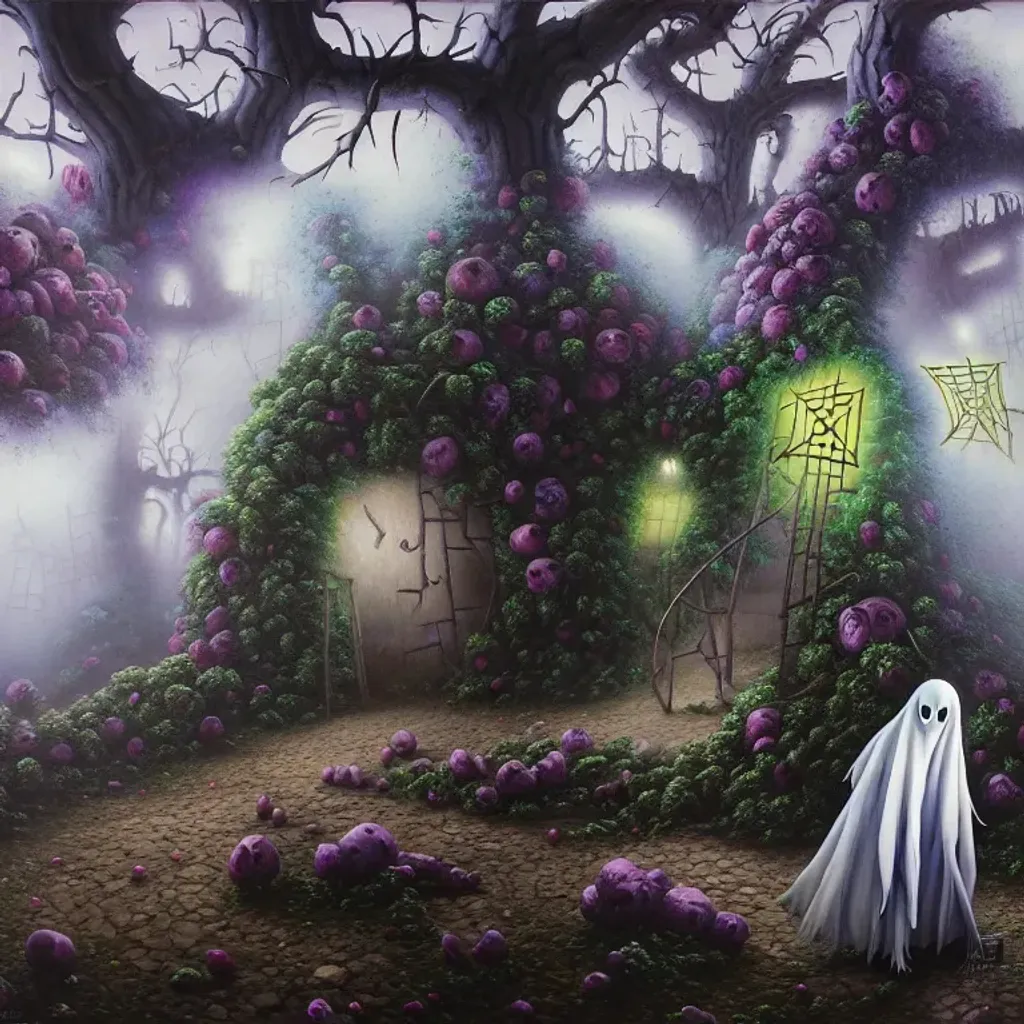 Prompt: An expressive surrealism oil painting of a ghost in a cosplay costume lost in a maze. 
spooky, foggy atmosphere. Scary. Haunted. Bokeh. Concept art. Highly detailed, expressive surrealistic oilpainting, colorful, digital art, digital airbrush, 8K.  Clear Detailed sharp Cartoon anime manga cover by Anna Dittmann, tim Burton, Gil Elvgren, Tom Bagshaw, Elsa Beskow, Hayao Miyazaki.