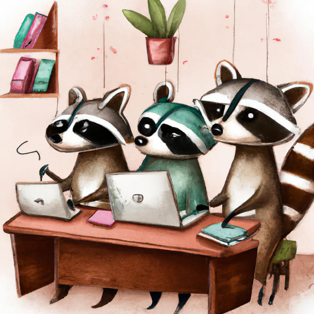 Prompt: Cute little raccoons working in an office, digital drawing