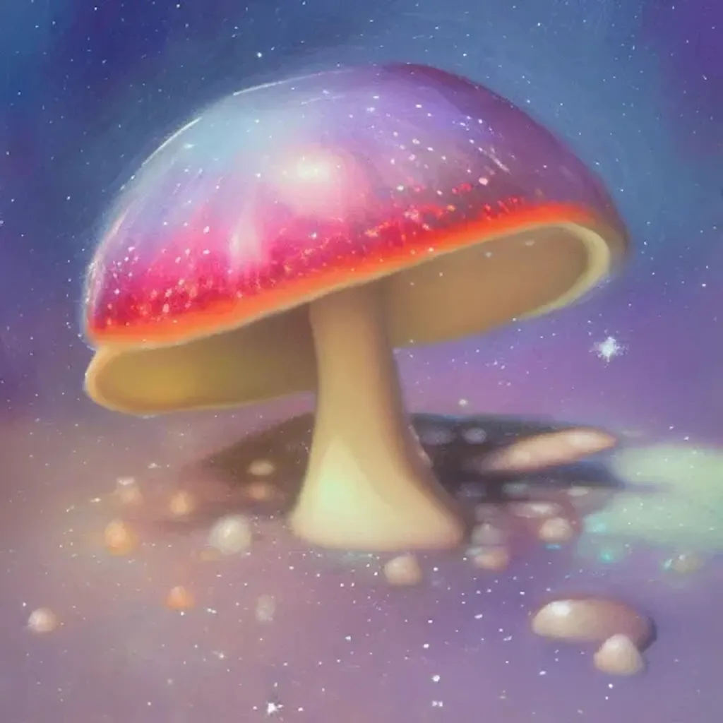 Prompt: Oil painting of a cosy vintage tiny cute fungi, in the stars of an icy fantasy universe, octane render by weta digital, exotic colorful pastel, ray traced lighting and reflections by Yoji shinkawa
  
  