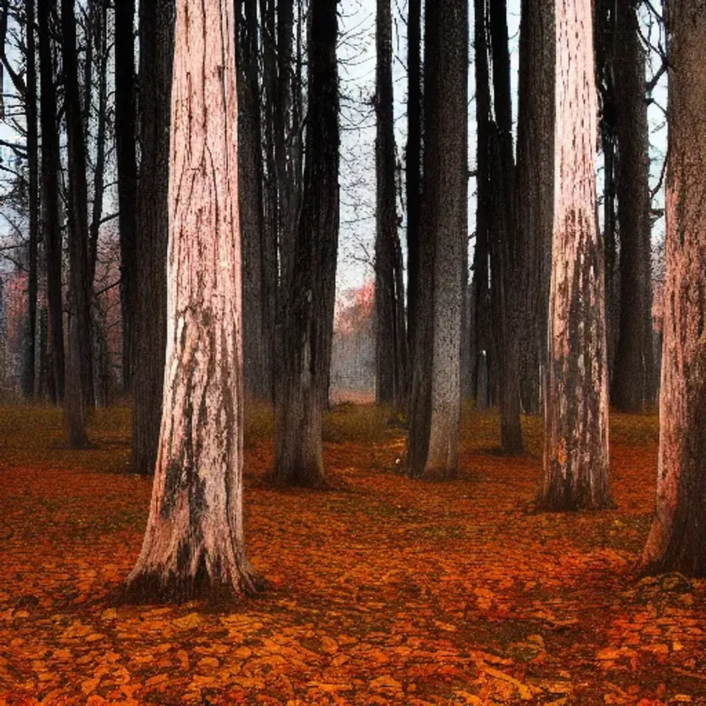 Prompt: dead trees in autumn forest at night, liminal space