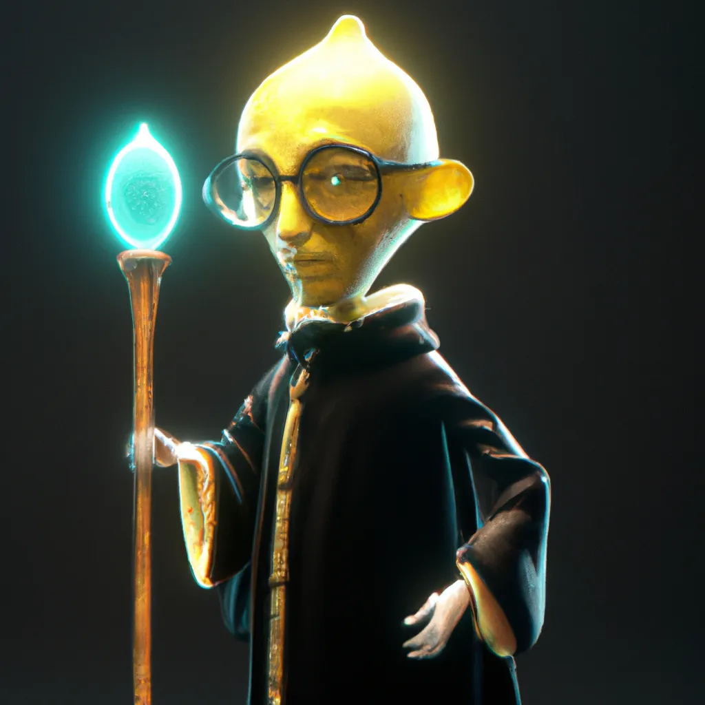 Prompt: an ultra detailed digital art of a yellow lemon character wearing a black robe and holding a magical cane + accurate facial features + 8k + octane render