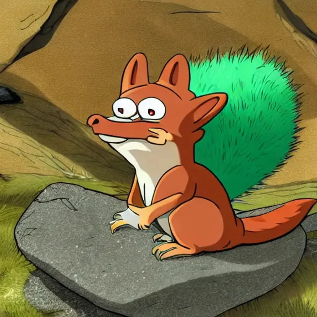 Prompt: venemous squirrellike creature with green fur and big ears sitting on a stone in the woods and eating bloody meal, dynamic lighting, bright colours, colourful, highly detailed, futurama, matt groening, realistic