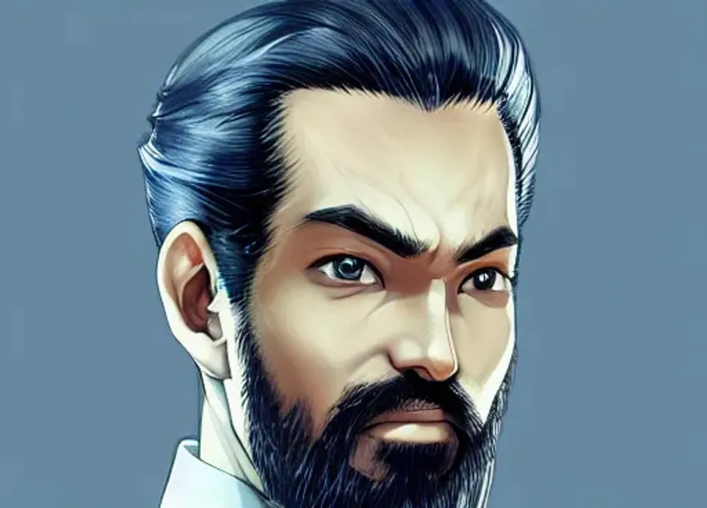 Prompt: Portrait of a man With Big Dreamy Black eyes, Manga wide eyes, Beautiful Smooth Skin, Blue Suit, beautiful Intricate Beard, Symmetrical, Soft Lighting, Smiling , detailed face, by leiji matsumoto, stanley artgerm lau, wlop, rossdraws, concept art, digital painting, looking into camera