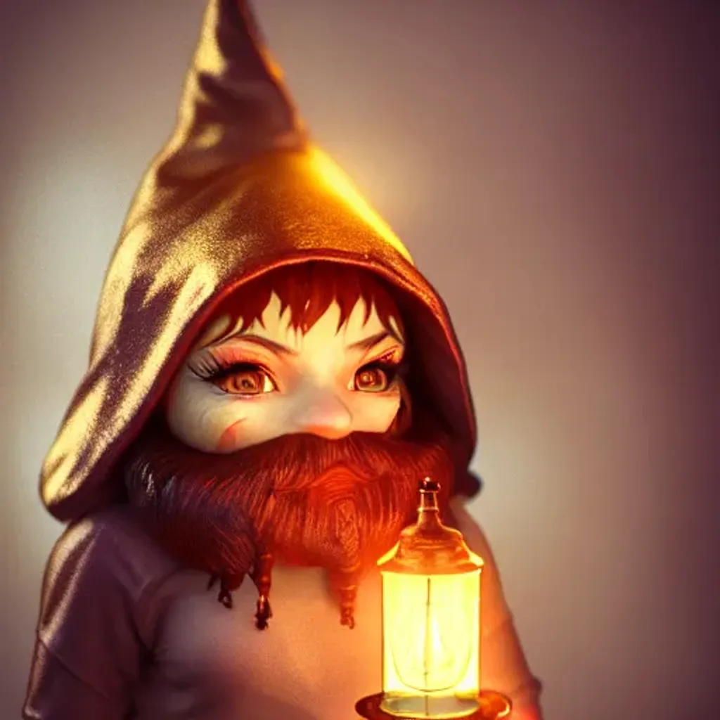 Prompt: Photo of Half gnome half human, magical lantern, smooth 3D render, cute, photorealistic, octane render artstation trending 8k steampunk wlop uhd unreal engine, fiery eyes, golden light, liquid mirror, fantasy, moody bokeh, centered 