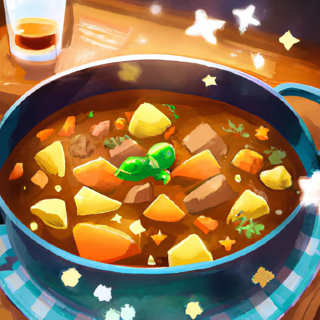 Prompt: A key anime visual , A delicious looking bowl of beef stew, served in a cozy tavern, glistening, delicacy, 5 star food recipe, makes you really hungry, Restaurant to Another World 