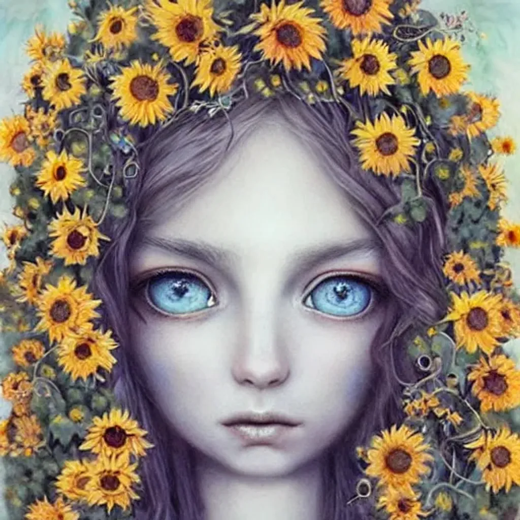 Beautiful girl with super large Blue Eyes, sunflower... | OpenArt