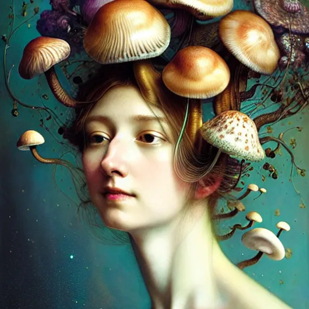 Prompt: Uhd, studio lighting, highly detailed, portrait, beautiful smiling victorian woman with mushrooms growing out of her hair, ryan hewett, yoshitaka amano, victo ngai, celestial, fungi, mushrooms 