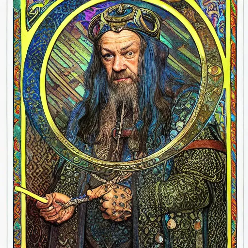 Prompt: extremely detailed medieval wizard, ancient colors, lord of the rings, fractal piezoluminescence, sparkling magic, intricate details, ink on paper, Highly detailed, poster, Chuck Close, Rubens, Mucha