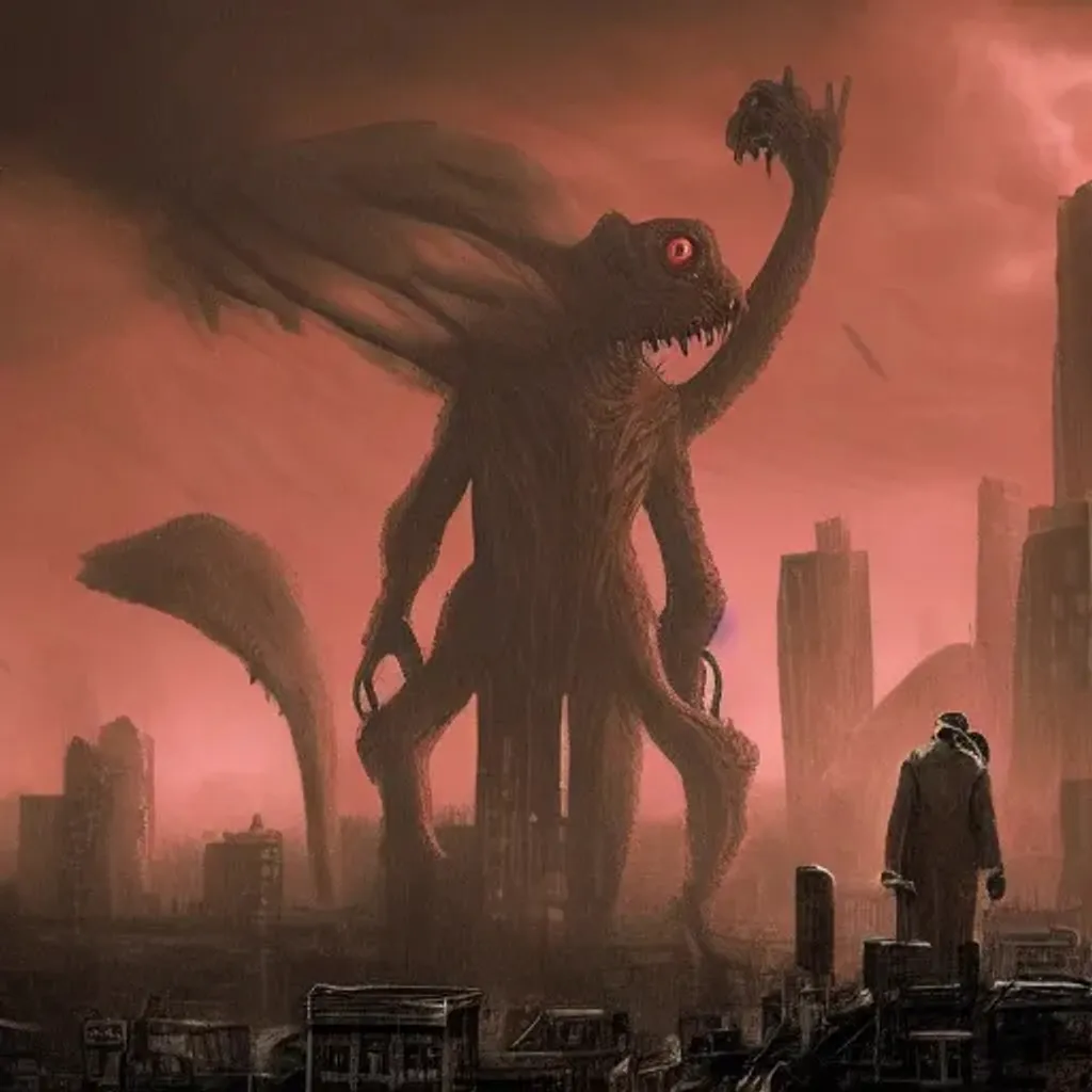 Prompt:  Dystopian Wasteland world, foggy place, and a giant bird, red-eyed creature stalks the dystroyed city, lurking in the shadows. It's a Lovecraftian creature, straight out of a horror story.