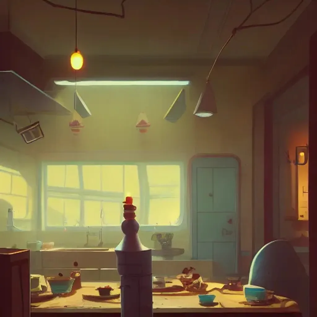 Prompt: cute lonely kitchen dim lit by a candle ripped physique simon stalenhag gerald brom bastien grivet by greg rutkowski game background fisheye lens day of the tentacle