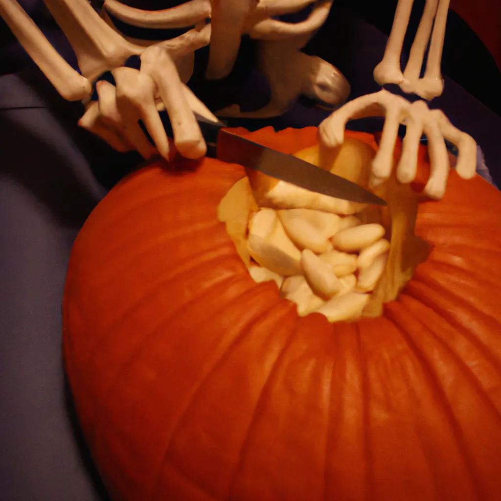 Prompt: A photo of a skeleton carving a pumpkin