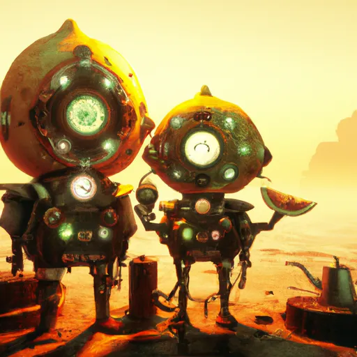 Prompt: the cute lemon family character big robots, underwater steampunk, underwater city steampunk style, artstation, golden hours, reference pose, HQ, 4K