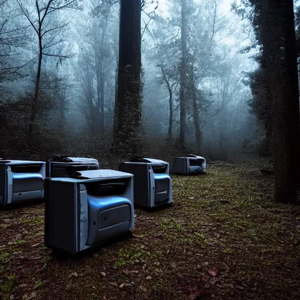 Prompt: abandoned computers in dark forest at night, with fog and liminal space