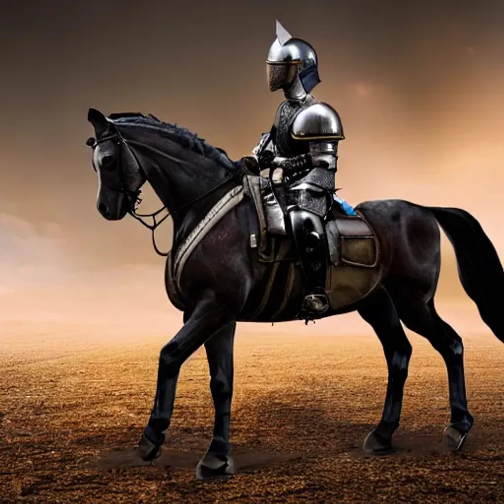 Prompt: Cavalry horseman, with Armour and helmet, 8k resolution horse equipped with Armour, medieval vibe,    