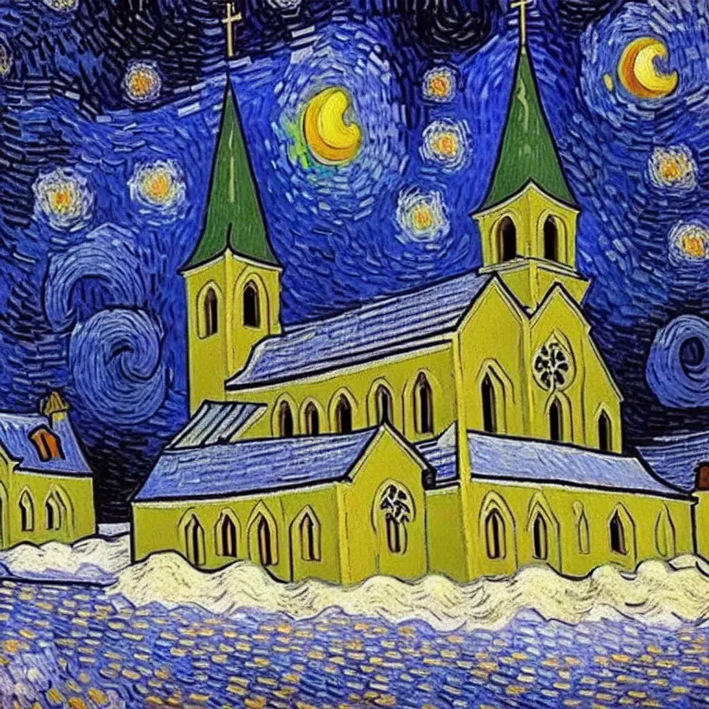 Prompt: van gogh baroque church snow sunset