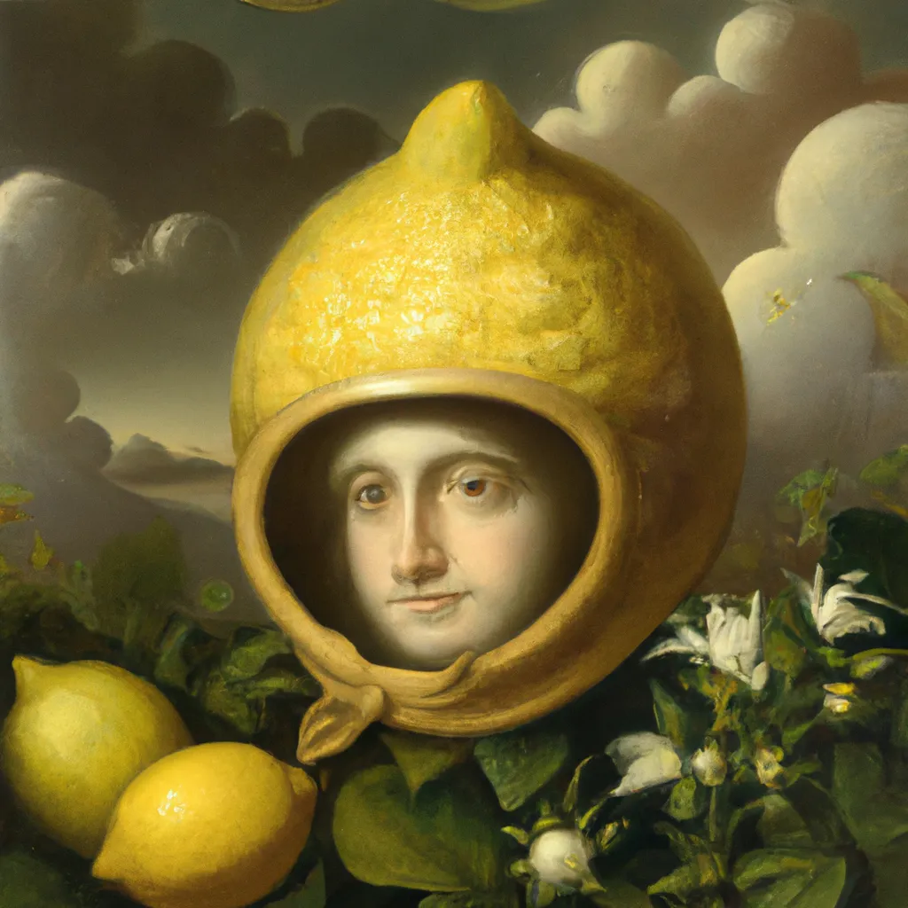 Prompt: a portrait of a lemon wearing yellow ornate persian armor and helmet, surrounded by flowers, lemon, clouds, moon, and stars, by William-Adolphe Bouguereau