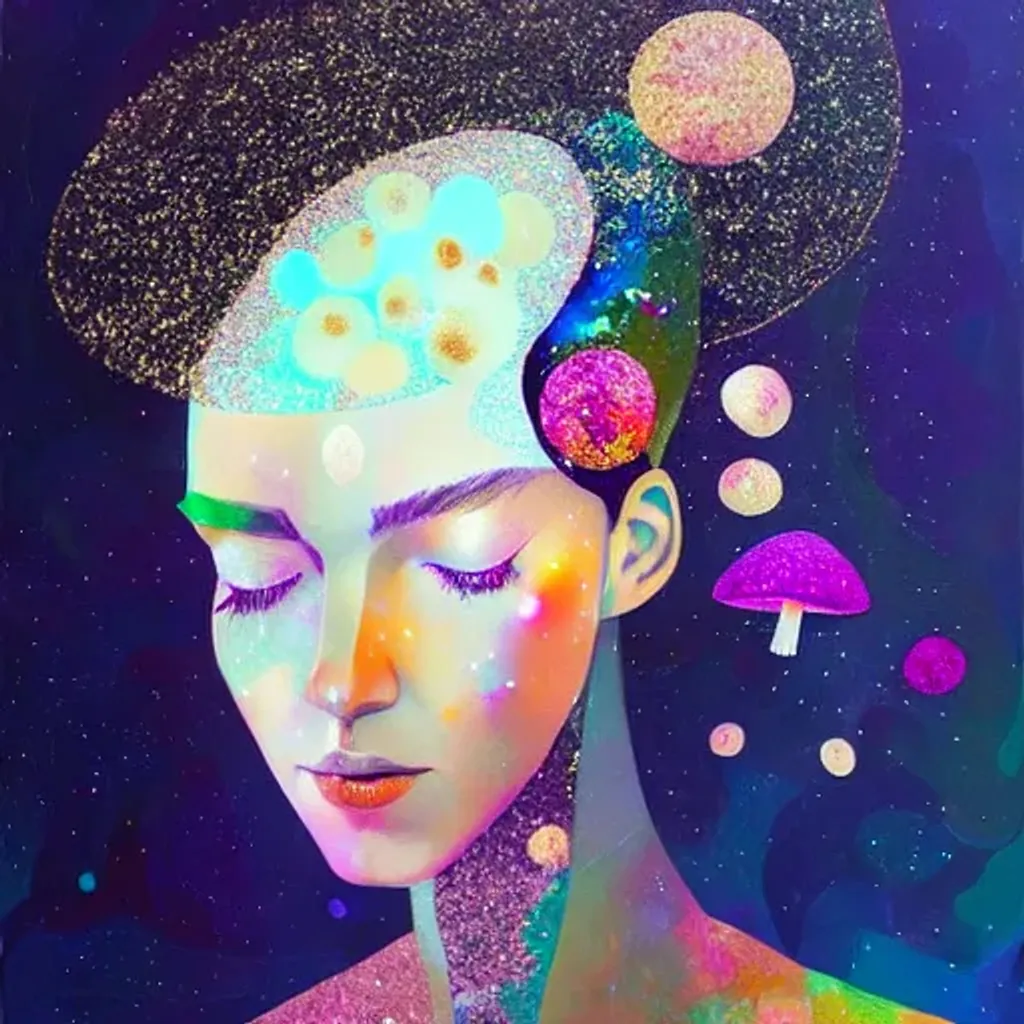 Prompt: Glitter portrait by Ryan Hewett, Beautiful woman, with mushrooms growing out of her hair, victo ngai, hq, fungi, celestial, moon, galaxy, stars 