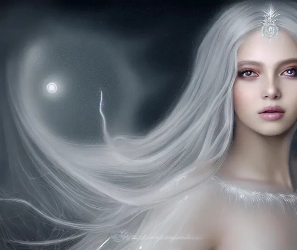 Prompt: Photorealistic digital painting of a stunningly beautiful young spirit goddess dressed in a white ethereal gown with long glowing silver hair adorned with starlight. Background is a dark sky with a full moon. fantasy artwork, realistic shaded, fine details, artgerm, ultra realistic, HDR, highly detailed, fine facial features, ultra realistic and detailed face, motherly smile, D&D, smooth, sharp focus, intricate, magical, fantasy, elegant, concept art. Beautiful and otherworldly. Dreamlike