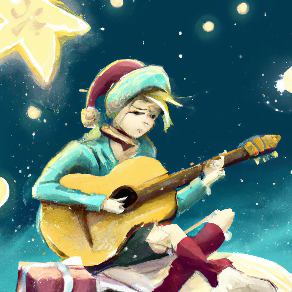 Prompt: Female Acoustic guitarist playing tunes on Santa's sleigh, night sky, snowing, detailed faces, starry sky, digital art