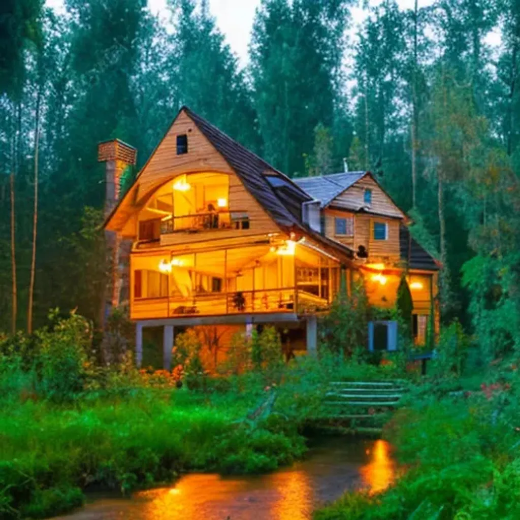 Prompt: Abundant inhabited house in the middle of a forest at night