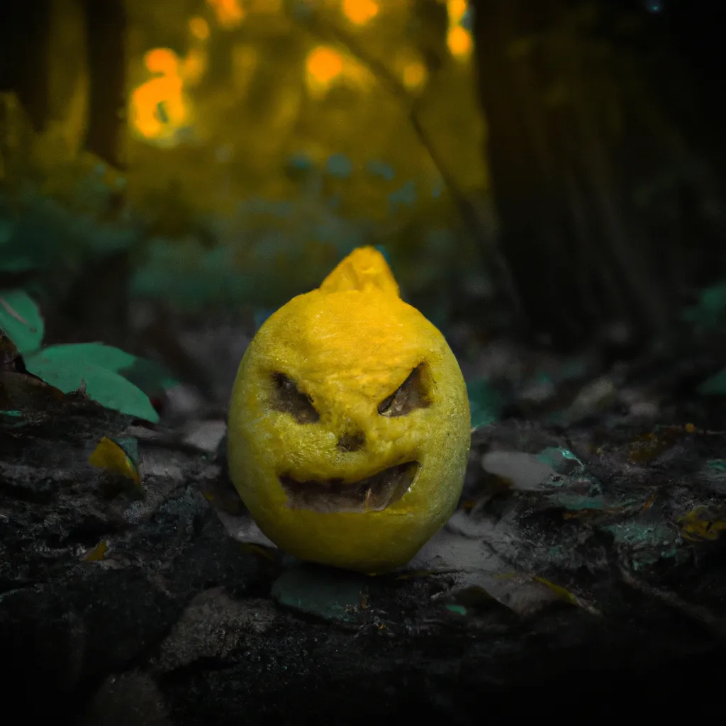 Prompt: Lemon carved as a pumpkin, forest background, orange, Halloween, spooky, ghosts, fantasy, anime, Manga, webtoon, glow