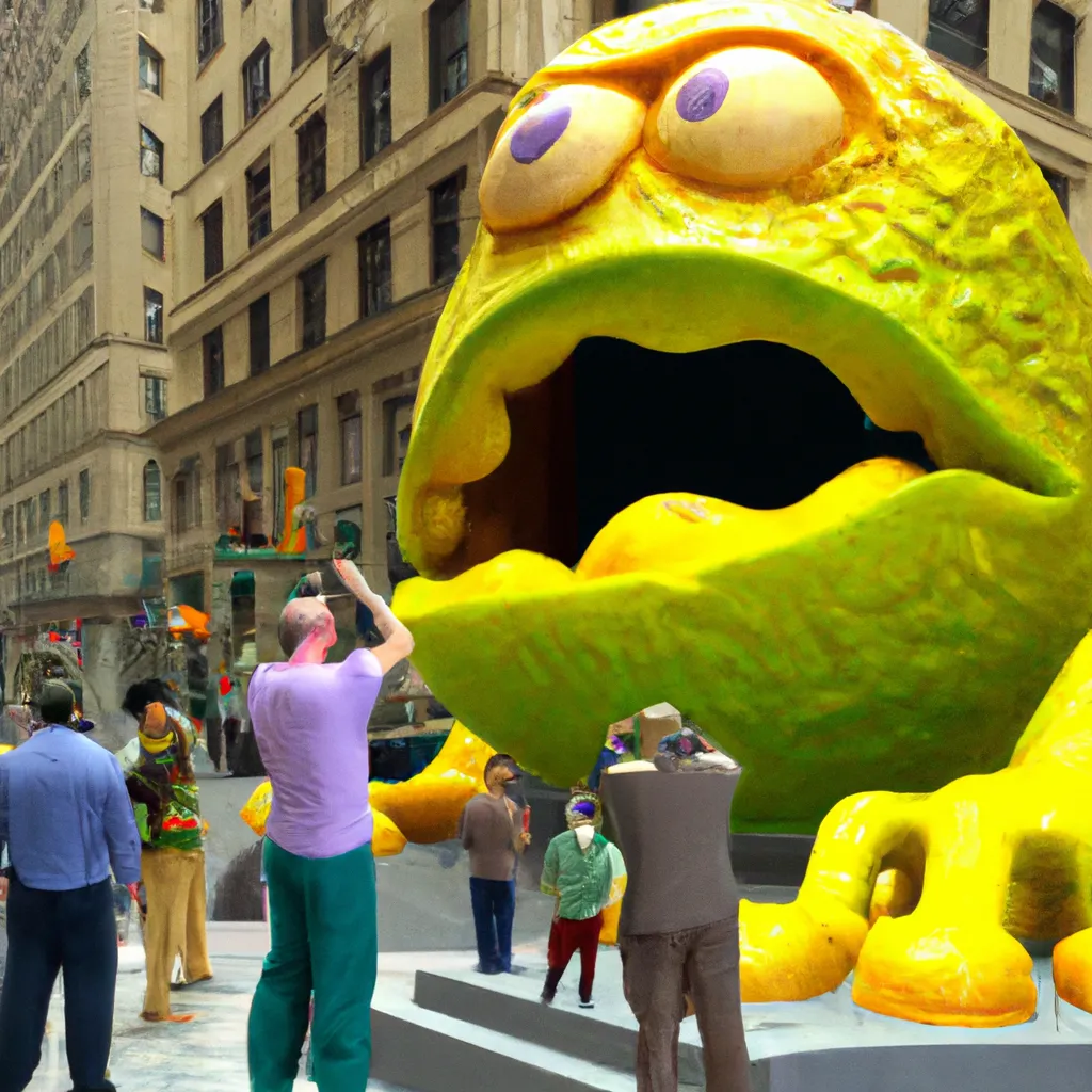 Prompt: A giant 3D Pixar Lemon monster eating 3D claymation humans in New York City