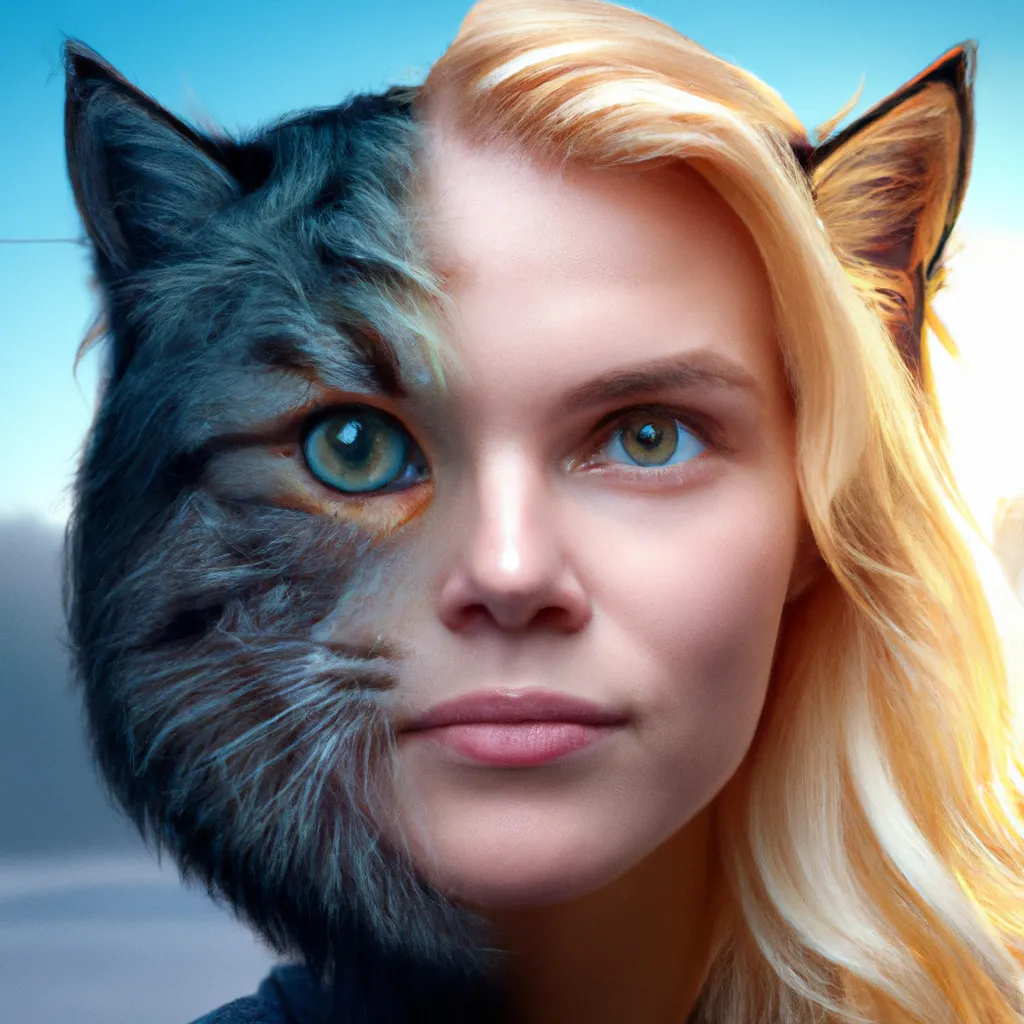 Prompt: A photo of a cute young woman's head combined with a 3D render of a hybrid cat head. Epic film poster style.