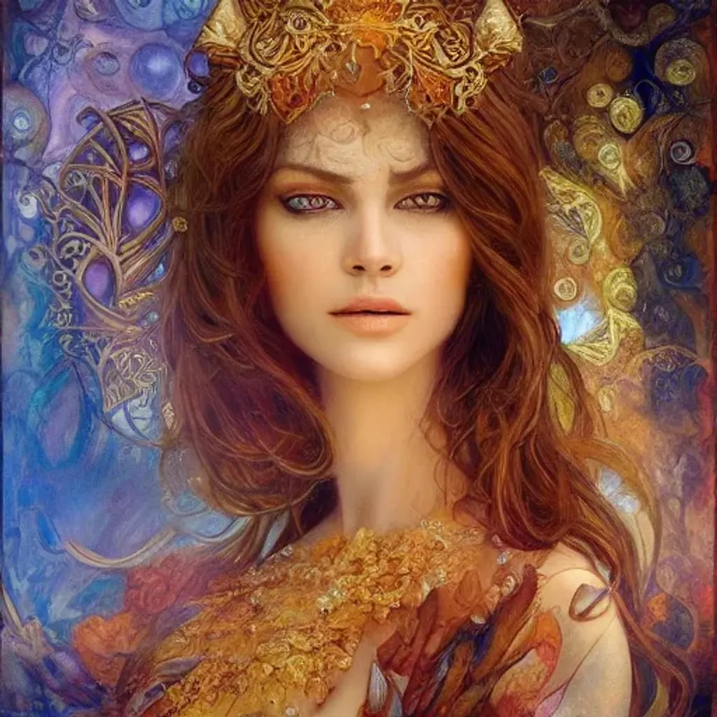 Prompt: portrait of a beautiful woman, standing character, unusual beauty, esoteric, outher worldly colours, fantasy art, ornamental, intricate, elegant, highly detailed hyperrealistic painting, artstation, concept art, painterly, golden ratio, sharp focus, illustration, art by karol bak, josephine wall and alfonso mucha, dungeon and dragons