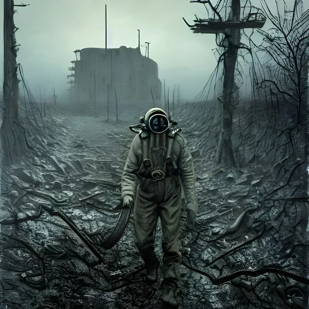 Prompt: Male Survivor wearing a gas mask,a backpack and a trench coat roaming around a post apocalyptic dystopian rotting wasteland, Stalker,fallout 3, chernobyl, radiation, extreme long shot, HD quality, paint, by HR Giger , Zdzisław Beksiński
