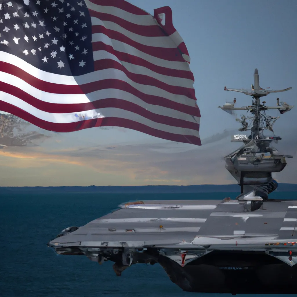 Prompt: the united states FLAG FLIES FROM A american aircraft carrier. artistic, as trending on art station