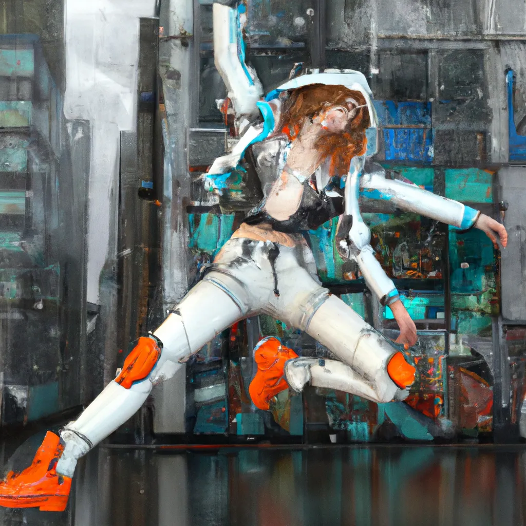 Prompt: Full body with face 2D graffiti spray paint style, rainy cyberpunk city in background, Pretty Russian 27 year old woman with turquoise wavy curly chin length hair, white gray orange colored dieselpunk outfit with lots of straps, white solarpunk jacket, leg in the air