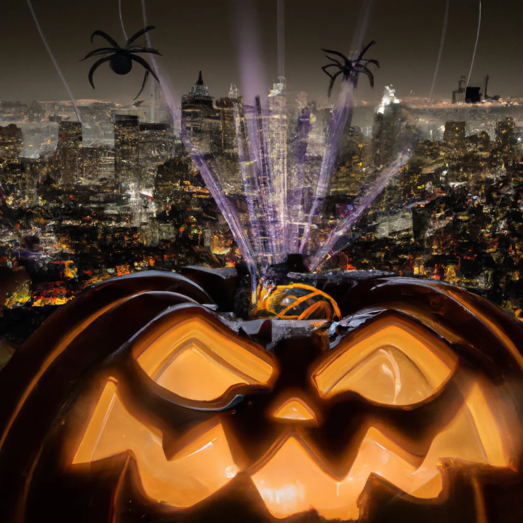 Prompt: Its a Halloween city, Spiders peak through a lit screaming jack-o-lantern pumpkin on fire, wide angle, sinister scene,  sharp focus and details, fine art, Halloween theme, orthogonal view  dark background By Mel Ramos