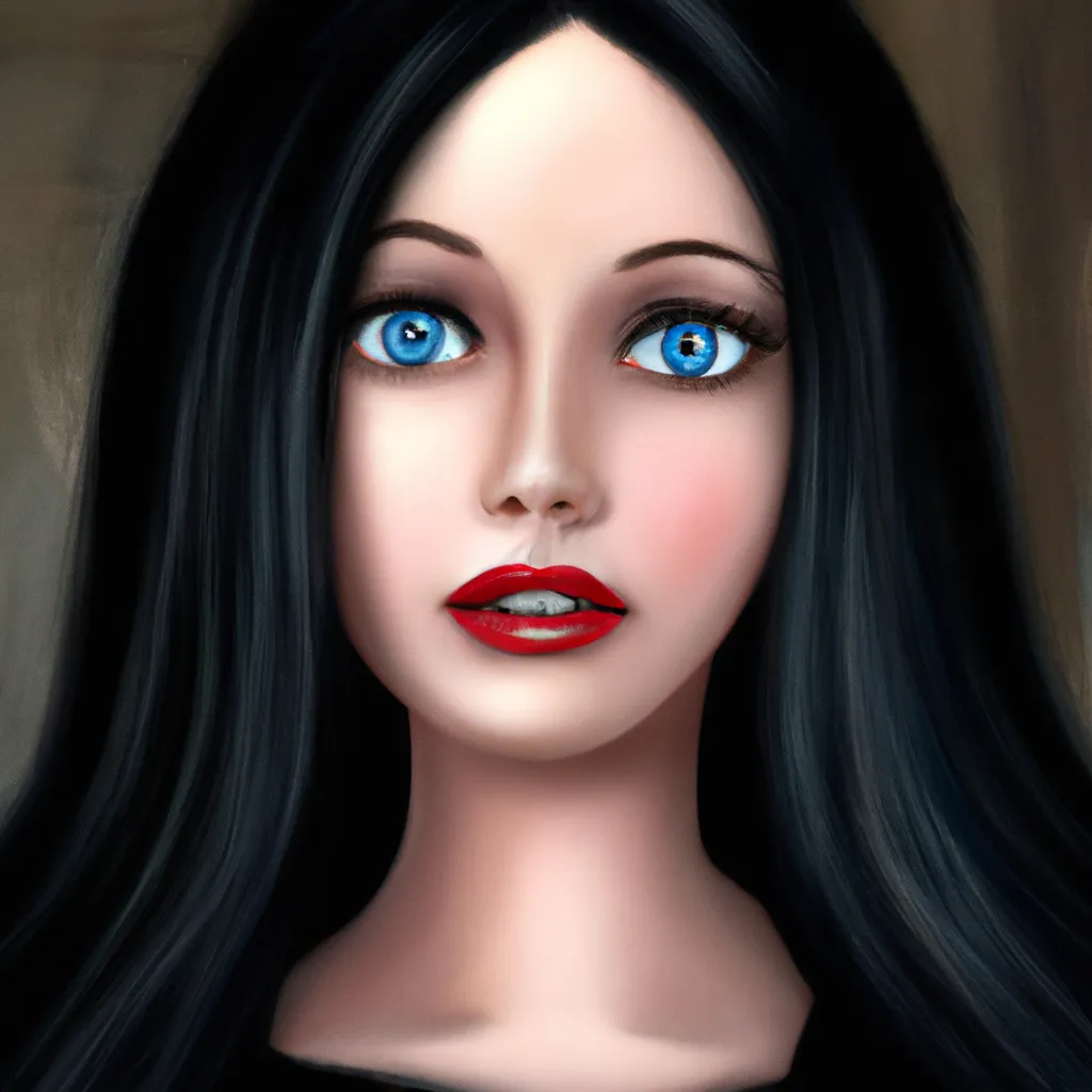 Prompt: Digital portrait of a beautiful woman with big blue eyes and bags under her eyes, black long hair and pale skin, digital art, 3D digital oil painting