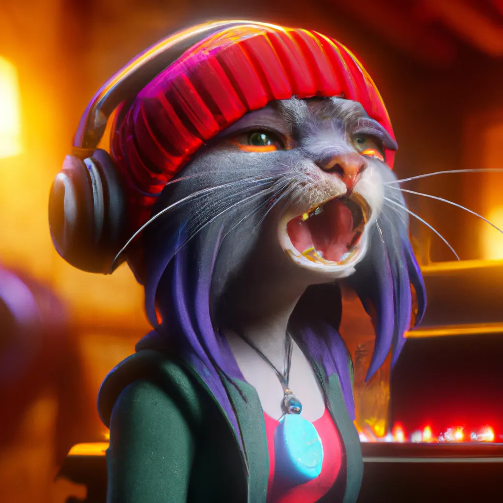 Prompt: Cool Anime character, half cat half dog with red eyes wearing a beanie, singing at a karaoke bar, a character portrait by Andrei Kolkoutine, Artstation, sots art, 3d game art, quantum wavetracing, dark and mysterious